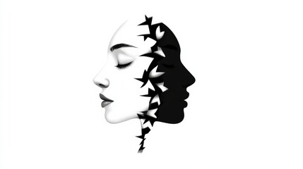 Wall Mural - woman's face is split in half, with one half being black and the other half being white. concept of 