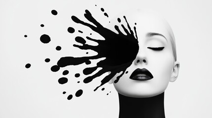 Wall Mural - woman's face is covered in black paint, creating a dramatic and edgy look. the black and white color
