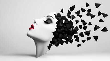 Wall Mural - woman's face is shown with a black and white background. the face is split in half, with the left ha
