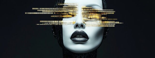 Wall Mural - woman's face is shown in a black and gold background. the woman's face is obscured by a series of go