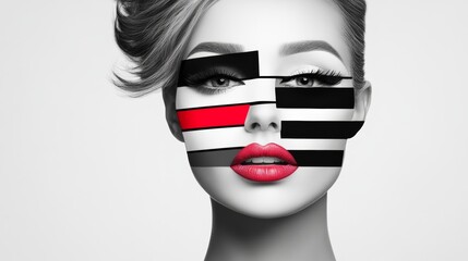 Wall Mural - woman's face is painted with red and black stripes. the image is a work of art, with the woman's lip