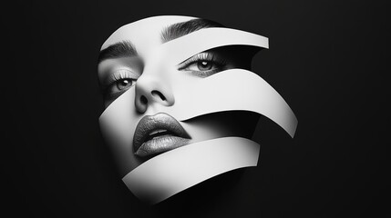 Wall Mural - woman's face is shown in a black and white photo with a silver lining. the photo is a collage of dif