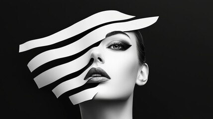 Wall Mural - woman's face is cut out of a piece of paper and is shown in black and white. the image is a creative