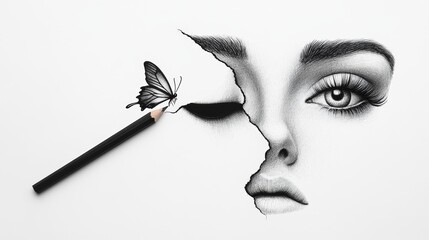 Wall Mural - drawing of a woman's face with a butterfly on it. the butterfly is on the left side of the face, and