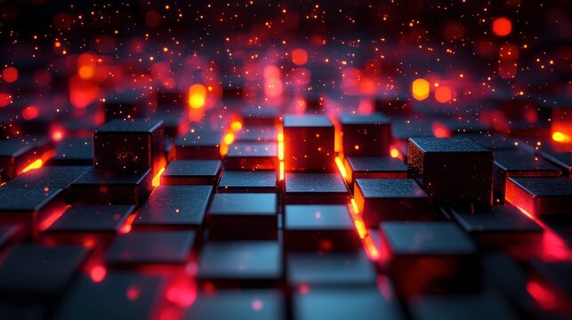 Abstract digital composition featuring illuminated cubes and sparkles on a dark surface, creating a dynamic and immersive visual experience for technology and design projects