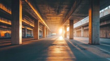 Aufkleber - Golden Sunset Illuminates Empty Concrete Underpass