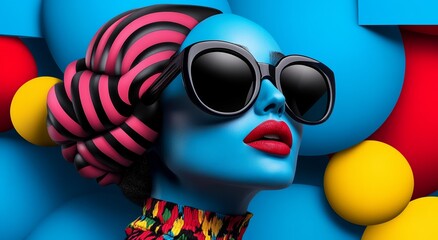 Wall Mural - woman with a blue and red hair style and blue eyes wearing sunglasses. she is wearing red lipstick