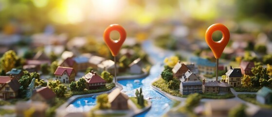 Poster - A miniature landscape with location markers and a river 