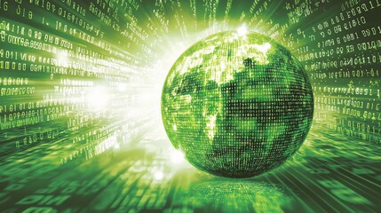 Poster - Green digital globe in binary code stream.