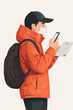 © Adamandgirls - A person in an orange jacket and cap checks their phone while holding a map, wearing a mask, suggesting navigation or exploration in a modern context.