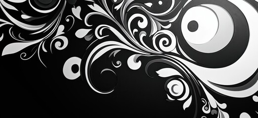Poster - Abstract black and white floral design with swirls and circles, intricate patterns, modern art style, copy space for text