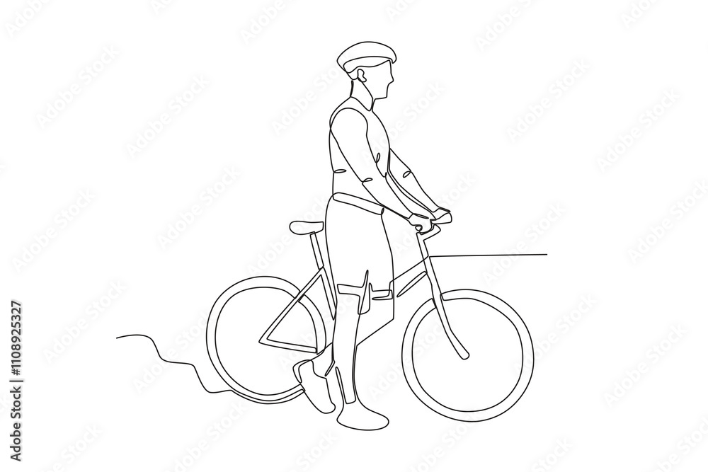 Single continuous line drawing of Man pushing his bicycle in the park ...