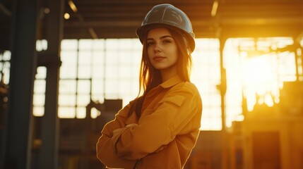 Wall Mural - confident woman in safety gear at sunset in industry