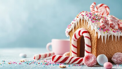 Wall Mural - A whimsical gingerbread house adorned with candy, sprinkles, and icing, set against a soft blue backdrop, evokes a festive holiday atmosphere.