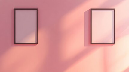 Poster - Two empty frames on a pink wall with soft shadows 