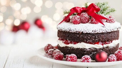 Wall Mural - A festive chocolate cake adorned with raspberries and a red ribbon, perfect for holiday celebrations, set against a softly blurred background.