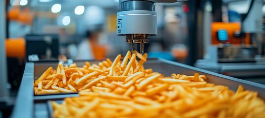 Poster - automated food processing robotic arm arranging golden french fries on conveyor belt