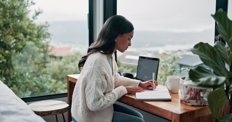 Aufkleber - Journal, laptop or woman writing in home or hotel for travel, remote work or blog ideas in diary. Creative, view or Indian digital nomad with notebook for freelancing, research or online publication