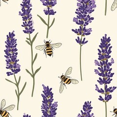 Canvas Print - Beautiful Lavender and Bee Seamless Pattern