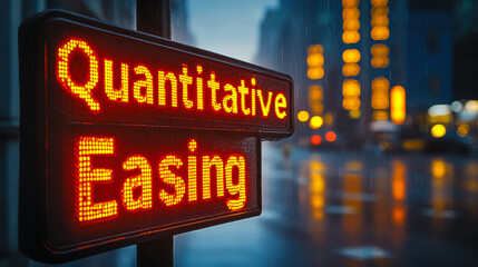 Poster - Quantitative Easing Financial Concept Signage on Illuminated Urban Street Background
