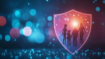 Poster - Family insurance concept with a protective shield around a family of four representing safety coverage and security with visual elements symbolizing family protection