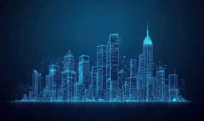 Poster - Futuristic city skyline, digital blue neon lights, skyscrapers, technology, urban landscape, connected buildings, night scene