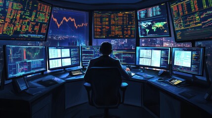 Poster - Trader analyzing data in a high-tech control room 