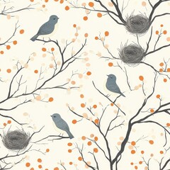 Canvas Print - Elegant Birds and Branches Seamless Pattern