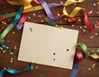© Viktor Petrushenko - An empty greeting card surrounded by colorful confetti and ribbon on a wooden table.