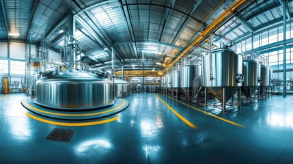 Poster - Modern Industrial Brewery Interior with Steel Fermentation Tanks