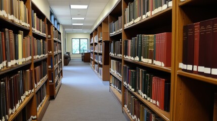 Poster - A quiet library aisle lined with bookshelves 