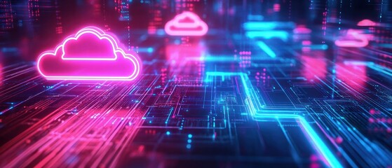 Poster - Digital landscape with neon clouds and circuitry 