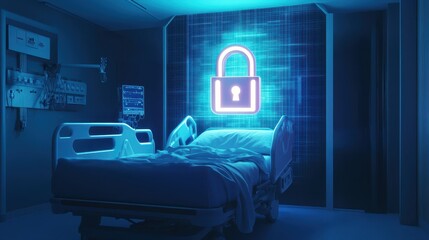 Poster - A neon blue lock is glowing on a hospital bed