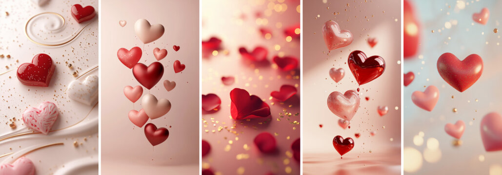 Set of vertical Valentine's Day backgrounds with copy space. Romantic banners with hearts, roses, petals, sparkles. Gradient photo footage for social media, stories, vertical greeting card template