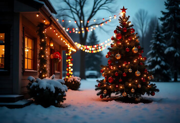 Aufkleber - Christmas Holiday background with snow, fir tree and decorations with christmas light behind