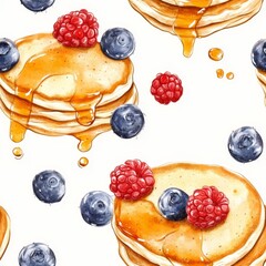 Canvas Print - Watercolor Pancakes with Berries and Honey