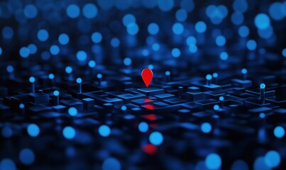Poster - Red location pin on blue digital grid, abstract representation of navigation and mapping technology, glowing dots and lines create a futuristic atmosphere.