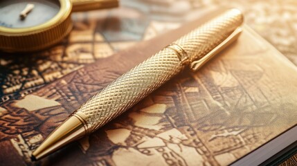 Poster - Golden Pen Rests on Antique Leather Bound Journal