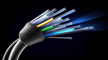 Optical wire line. Traffic of light optic digital signal in cable. Technology of hi speed transfer on optical fiber. Abstract background or banner with quantum beams of internet data in optical fibres