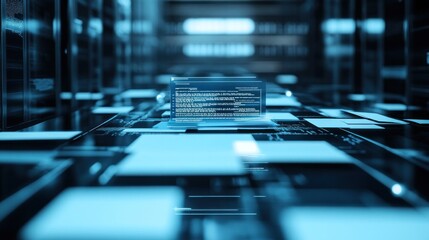 Poster - Futuristic data center with glowing circuitry and code