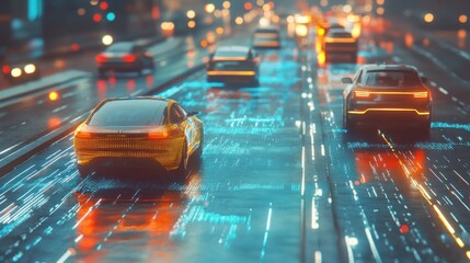 Poster - Rainy city street with illuminated cars at night