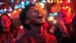 © Lamina - lively photo captures a boy laughing and singing at a family gathering, his face lit by colorful holiday lights, while relatives clap and join in the festive cheer.