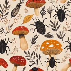 Canvas Print - Mushroom and Insect Pattern Design