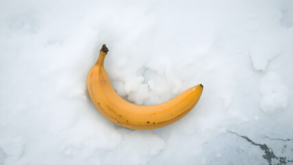 a pair of ripe bananas lying on a patch of icy snow, their yellow peel creating a warm contrast
