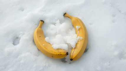 a pair of ripe bananas lying on a patch of icy snow, their yellow peel creating a warm contrast