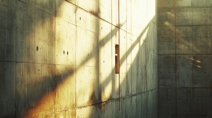 Poster - Sunlight illuminates a concrete wall with shadows and a small opening