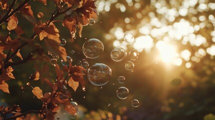 Poster - Golden Sunlight Illuminates Bubbles Near Autumn Leaves