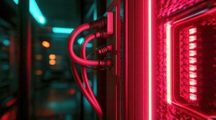 Poster - Futuristic server room with neon lighting and cables