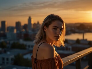 Wall Mural - Sunset glow embracing a young woman in an urban setting.