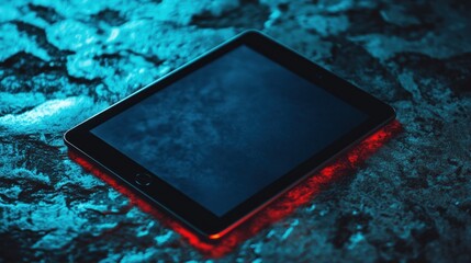 Poster - Dark Tablet Resting On A Teal And Red Surface